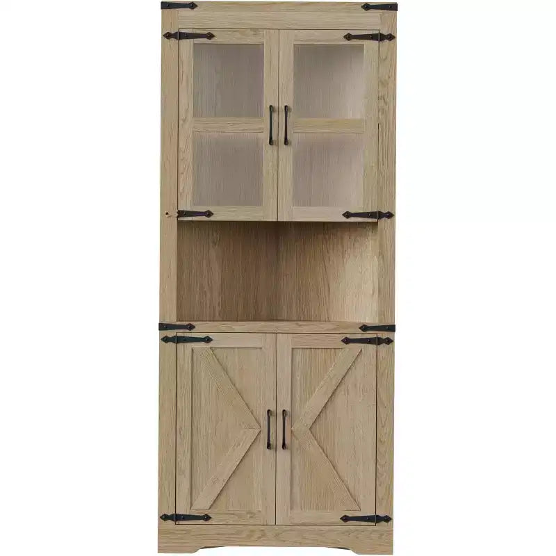 Meuble d'angle haut de 175 cm, Meuble de rangement d'angle style ferme, Rangement peu encombrant, Porte vitrée, Étagères réglables, pour Salon, Cuisine