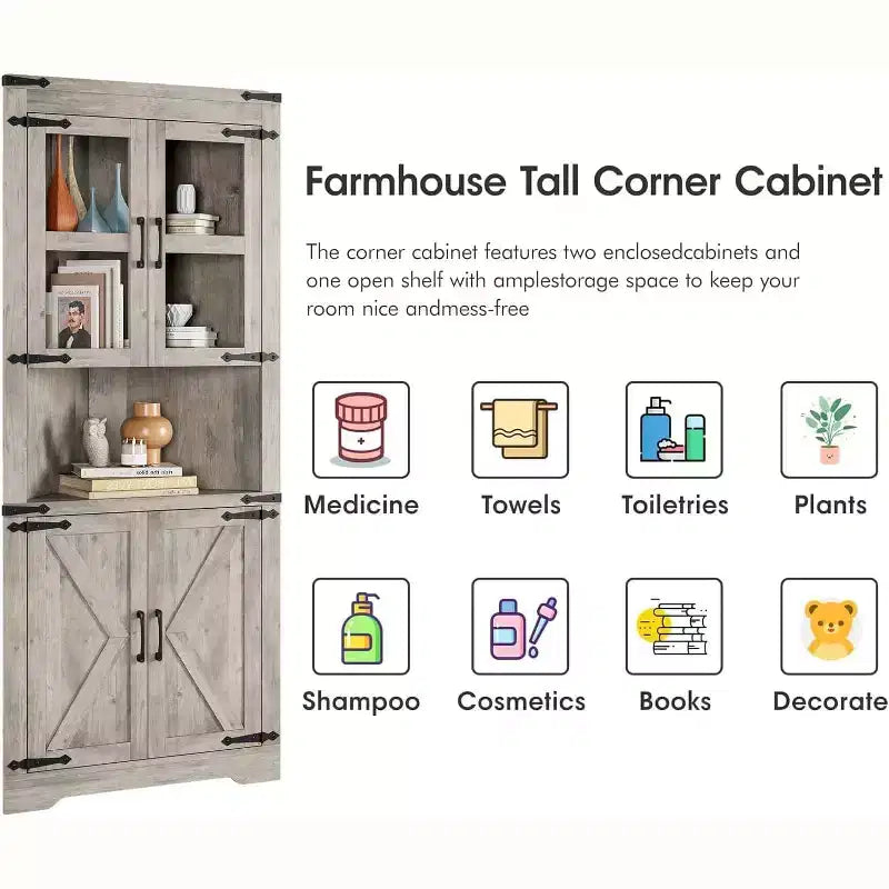 Meuble d'angle haut de 175 cm, Meuble de rangement d'angle style ferme, Rangement peu encombrant, Porte vitrée, Étagères réglables, pour Salon, Cuisine