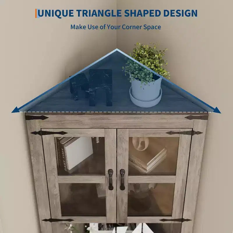 Meuble d'angle haut de 175 cm, Meuble de rangement d'angle style ferme, Rangement peu encombrant, Porte vitrée, Étagères réglables, pour Salon, Cuisine