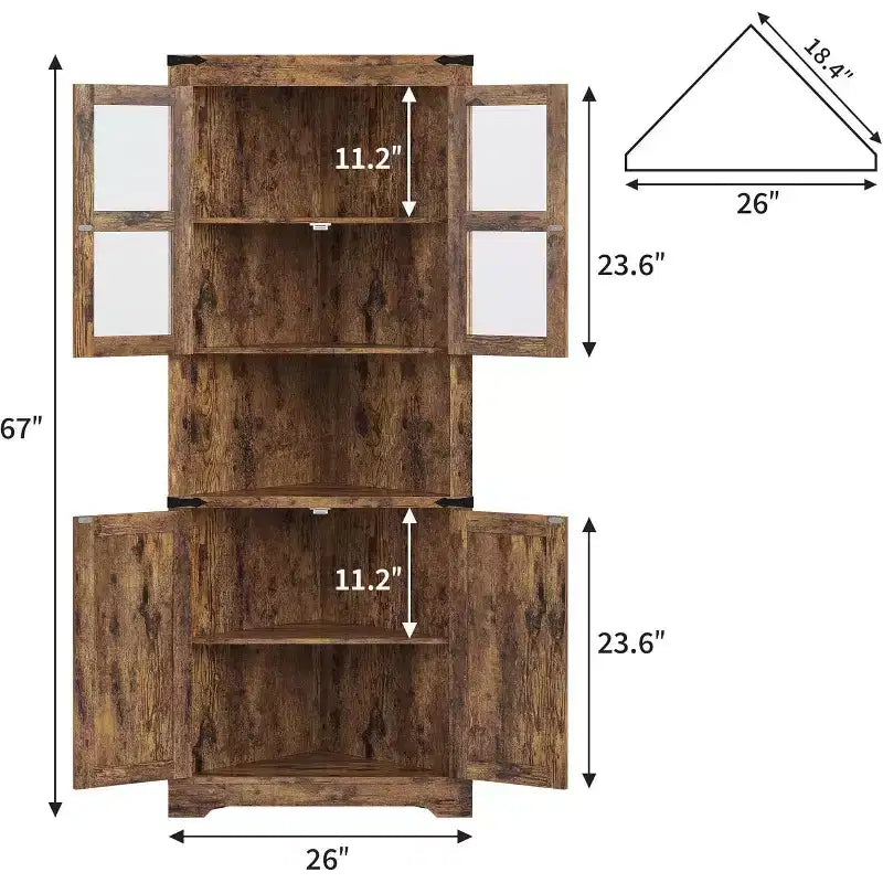 Meuble d'angle haut de 175 cm, Meuble de rangement d'angle style ferme, Rangement peu encombrant, Porte vitrée, Étagères réglables, pour Salon, Cuisine