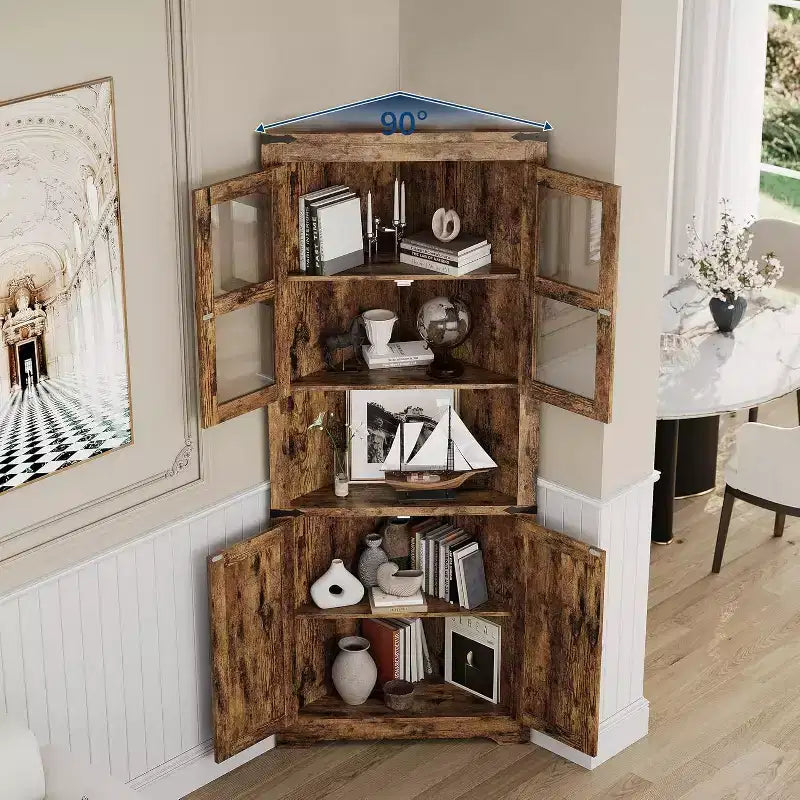 Meuble d'angle haut de 175 cm, Meuble de rangement d'angle style ferme, Rangement peu encombrant, Porte vitrée, Étagères réglables, pour Salon, Cuisine
