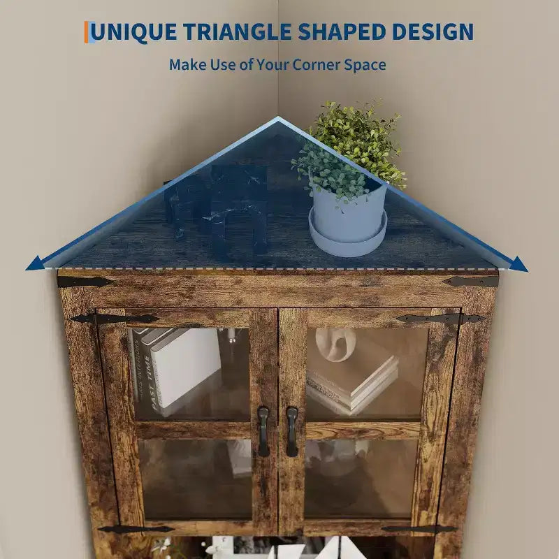 Meuble d'angle haut de 175 cm, Meuble de rangement d'angle style ferme, Rangement peu encombrant, Porte vitrée, Étagères réglables, pour Salon, Cuisine