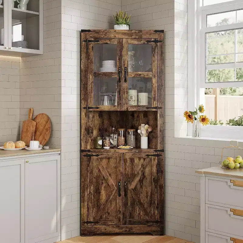 Meuble d'angle haut de 175 cm, Meuble de rangement d'angle style ferme, Rangement peu encombrant, Porte vitrée, Étagères réglables, pour Salon, Cuisine