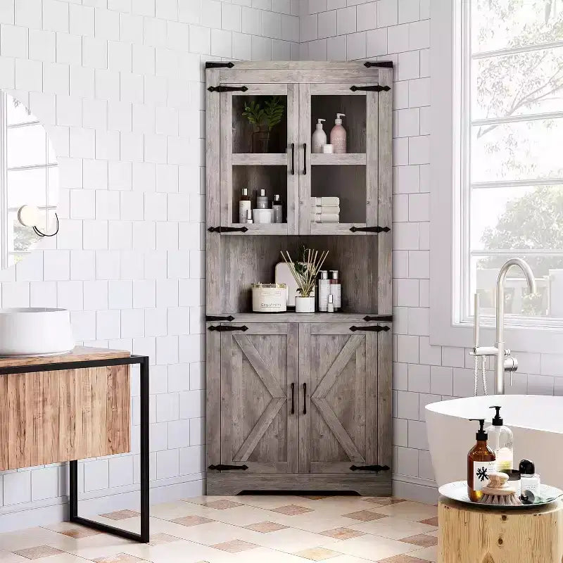 Meuble d'angle haut de 175 cm, Meuble de rangement d'angle style ferme, Rangement peu encombrant, Porte vitrée, Étagères réglables, pour Salon, Cuisine