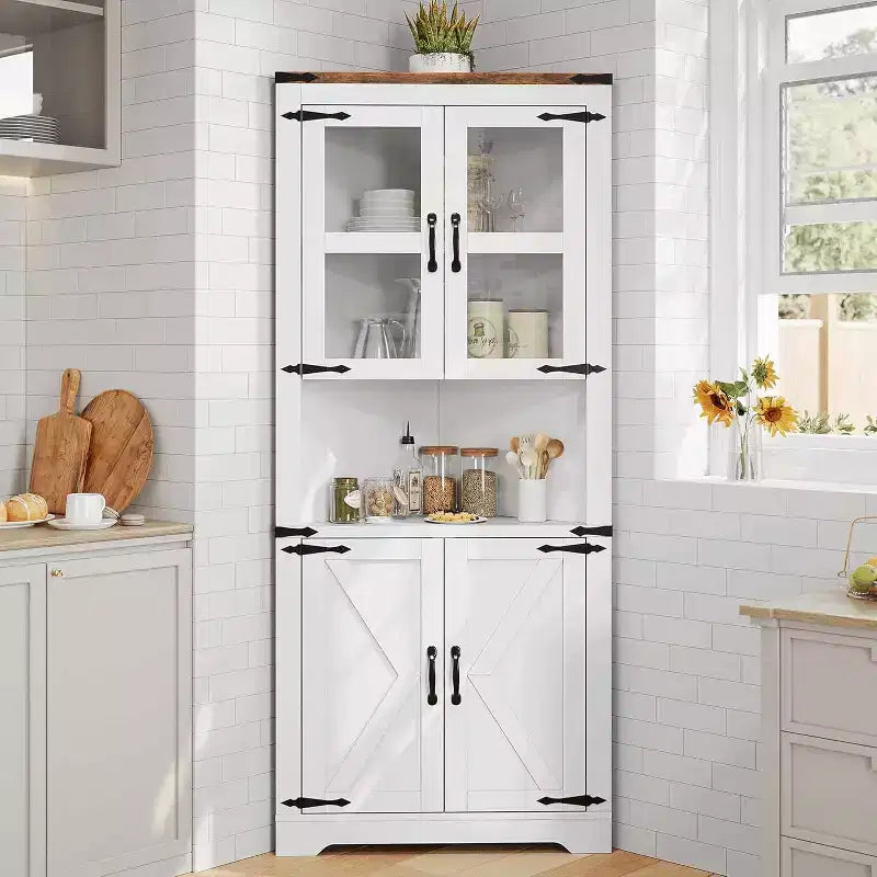 Meuble d'angle haut de 175 cm, Meuble de rangement d'angle style ferme, Rangement peu encombrant, Porte vitrée, Étagères réglables, pour Salon, Cuisine