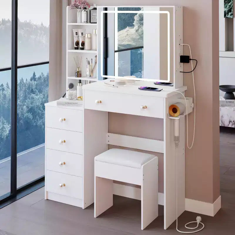 37-Inch Luxury Makeup Vanity Desk with Sliding LED Mirror, Cabinet Storage, Built-In Power Hub, Hair Dryer Stand, and Side Cabinet for Bedroom
