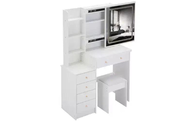 Coiffeuse de luxe de 94 cm avec miroir LED coulissant, rangement intégré, prise de courant, support pour sèche-cheveux et meuble latéral pour chambre à coucher