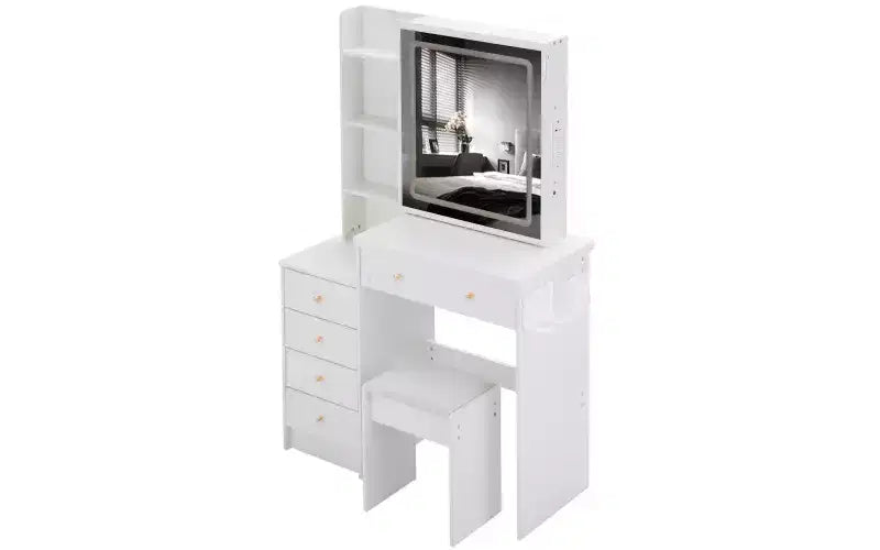 Coiffeuse de luxe de 94 cm avec miroir LED coulissant, rangement intégré, prise de courant, support pour sèche-cheveux et meuble latéral pour chambre à coucher