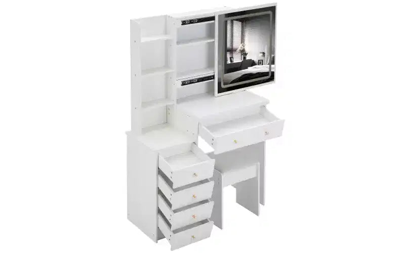 Coiffeuse de luxe de 94 cm avec miroir LED coulissant, rangement intégré, prise de courant, support pour sèche-cheveux et meuble latéral pour chambre à coucher