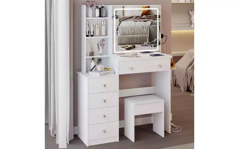 Coiffeuse de luxe de 94 cm avec miroir LED coulissant, rangement intégré, prise de courant, support pour sèche-cheveux et meuble latéral pour chambre à coucher