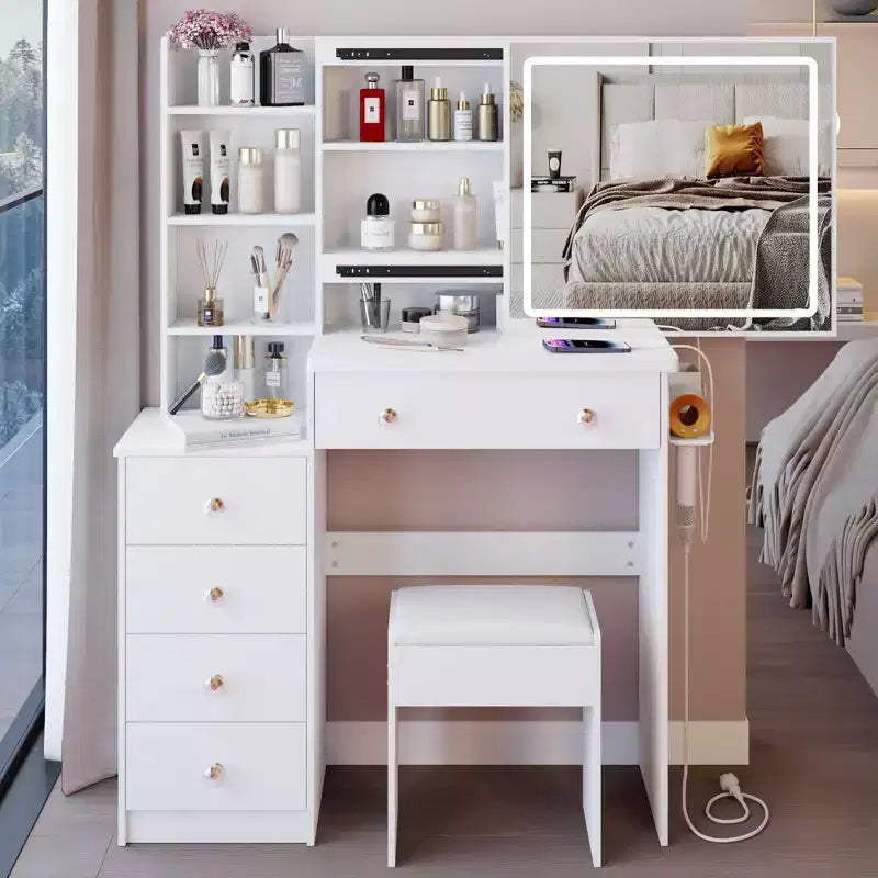 Coiffeuse de luxe de 94 cm avec miroir LED coulissant, rangement intégré, prise de courant, support pour sèche-cheveux et meuble latéral pour chambre à coucher