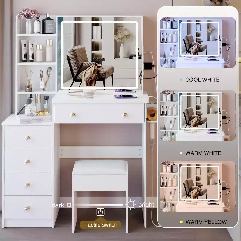 Coiffeuse de luxe de 94 cm avec miroir LED coulissant, rangement intégré, prise de courant, support pour sèche-cheveux et meuble latéral pour chambre à coucher