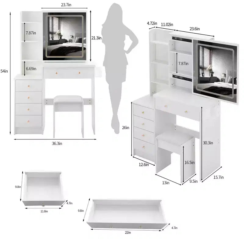 Coiffeuse de luxe de 94 cm avec miroir LED coulissant, rangement intégré, prise de courant, support pour sèche-cheveux et meuble latéral pour chambre à coucher