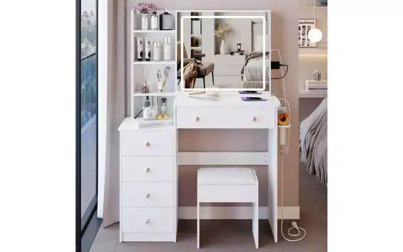 Coiffeuse de luxe de 94 cm avec miroir LED coulissant, rangement intégré, prise de courant, support pour sèche-cheveux et meuble latéral pour chambre à coucher