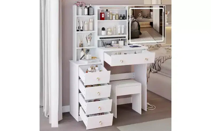 Coiffeuse de luxe de 94 cm avec miroir LED coulissant, rangement intégré, prise de courant, support pour sèche-cheveux et meuble latéral pour chambre à coucher
