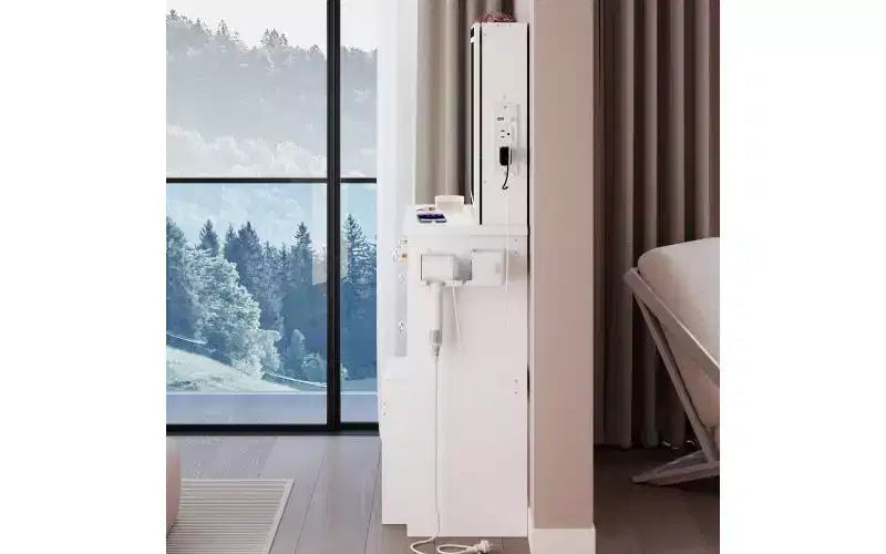 Coiffeuse de luxe de 94 cm avec miroir LED coulissant, rangement intégré, prise de courant, support pour sèche-cheveux et meuble latéral pour chambre à coucher