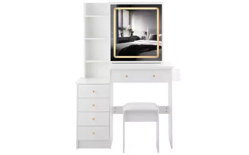 Coiffeuse de luxe de 94 cm avec miroir LED coulissant, rangement intégré, prise de courant, support pour sèche-cheveux et meuble latéral pour chambre à coucher