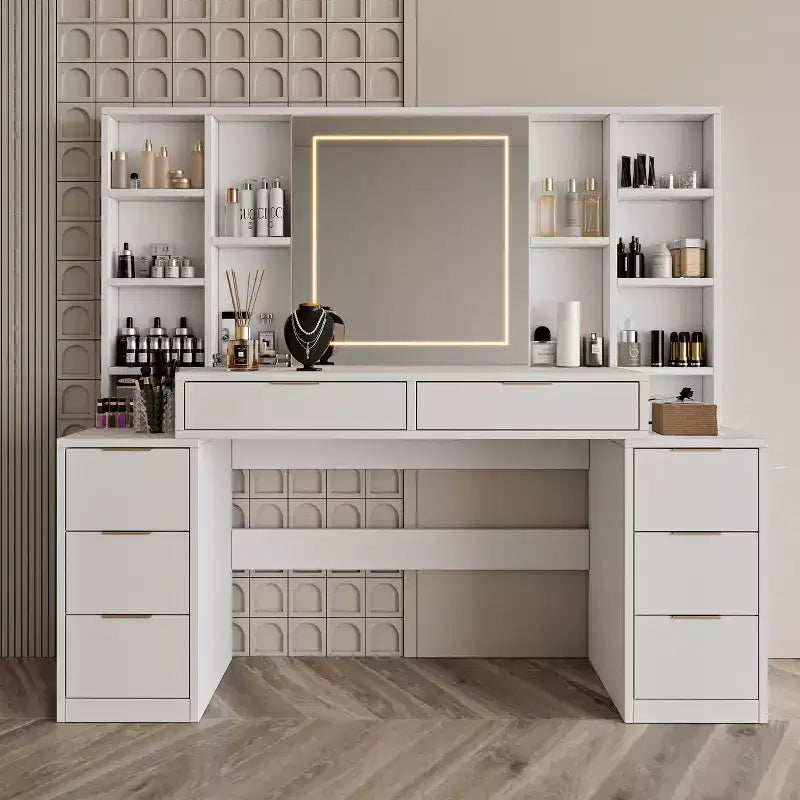 Coiffeuse de maquillage de 150 cm avec miroir éclairé, 8 tiroirs, étagères ouvertes pour chambres de filles, éclairage dimmable, design peu encombrant