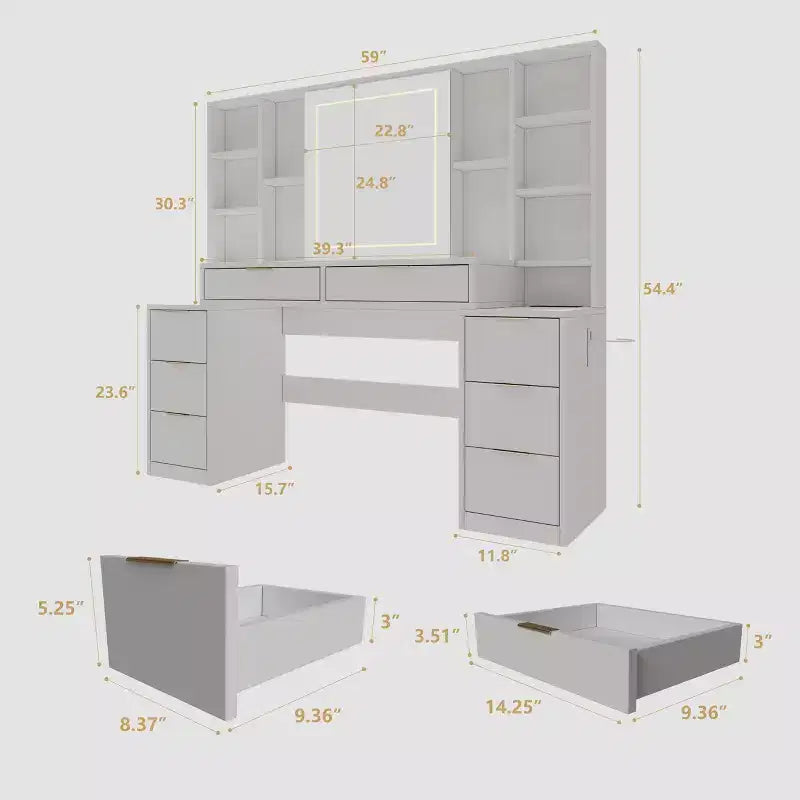 Coiffeuse de maquillage de 150 cm avec miroir éclairé, 8 tiroirs, étagères ouvertes pour chambres de filles, éclairage dimmable, design peu encombrant