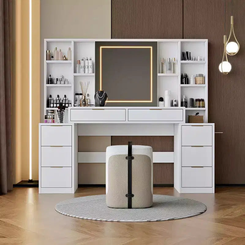 Coiffeuse de maquillage de 150 cm avec miroir éclairé, 8 tiroirs, étagères ouvertes pour chambres de filles, éclairage dimmable, design peu encombrant