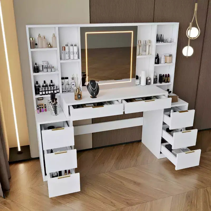 Coiffeuse de maquillage de 150 cm avec miroir éclairé, 8 tiroirs, étagères ouvertes pour chambres de filles, éclairage dimmable, design peu encombrant