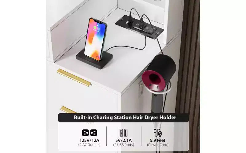 Coiffeuse de maquillage de 150 cm avec miroir éclairé, 8 tiroirs, étagères ouvertes pour chambres de filles, éclairage dimmable, design peu encombrant