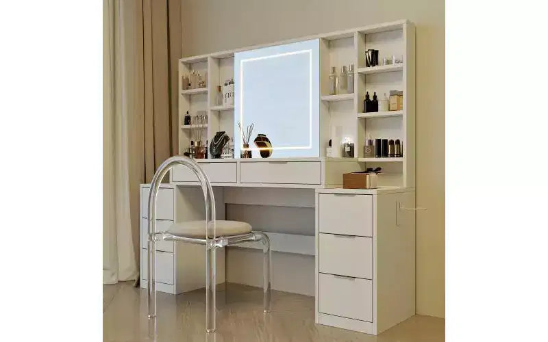 Coiffeuse de maquillage de 150 cm avec miroir éclairé, 8 tiroirs, étagères ouvertes pour chambres de filles, éclairage dimmable, design peu encombrant