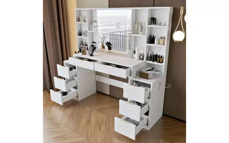 Coiffeuse de maquillage de 150 cm avec miroir éclairé, 8 tiroirs, étagères ouvertes pour chambres de filles, éclairage dimmable, design peu encombrant