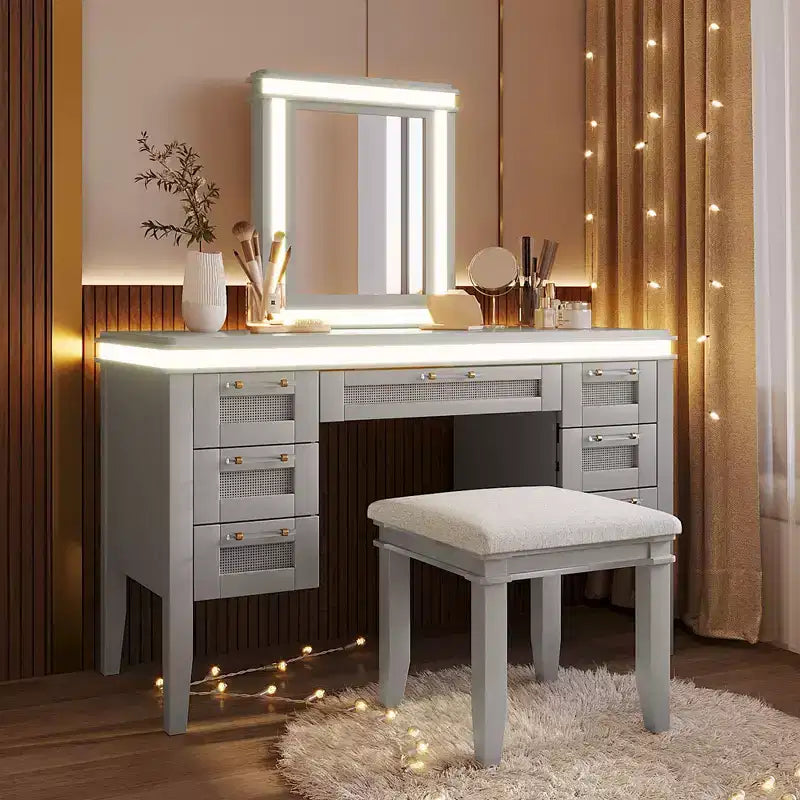48-Inch Modern Makeup Vanity Desk with Lighted Mirror, 7 Drawers, Matching Stool for Bedroom, Greyblue Finish, Dimmable Lighting