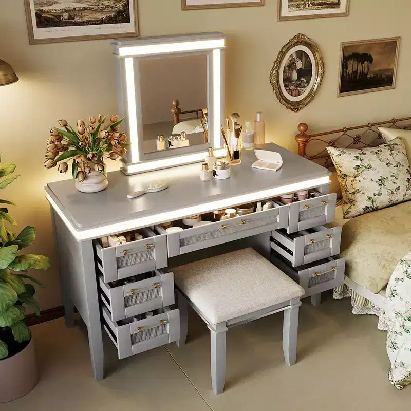 Coiffeuse moderne de 122 cm avec miroir éclairé, 7 tiroirs, tabouret assorti pour chambre à coucher, finition gris-bleu, éclairage dimmable