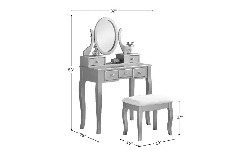 Coiffeuse contemporaine avec miroir, 5 tiroirs, tabouret assorti pour chambre, finition blanche, design peu encombrant