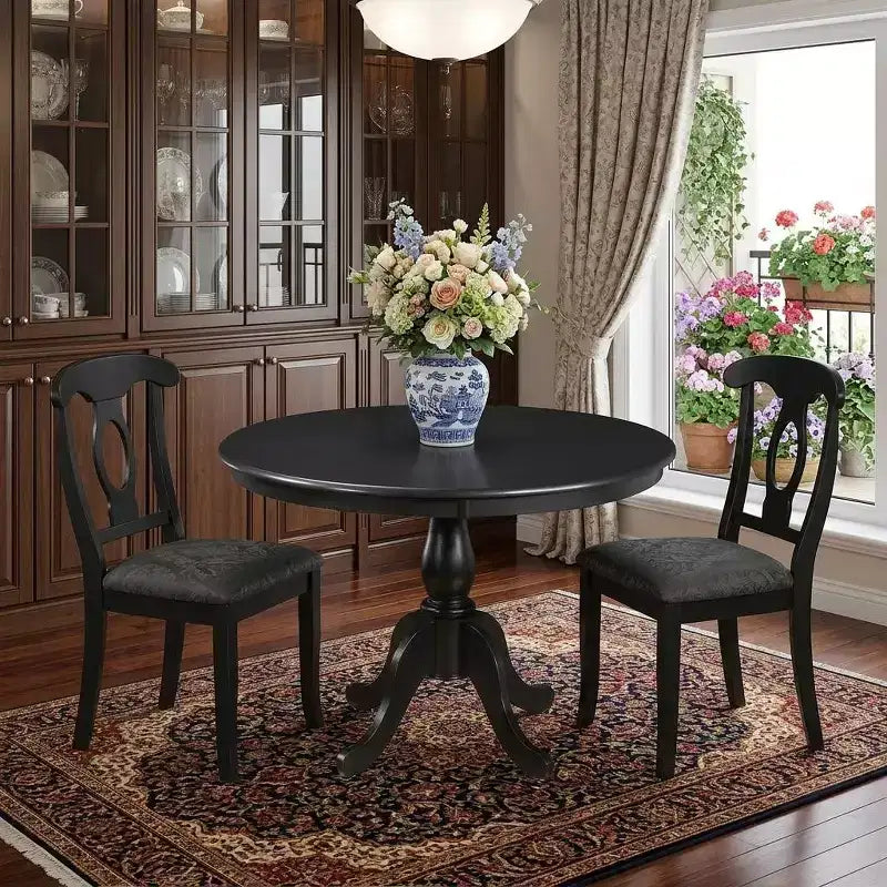 Table de salle à manger noire avec piédestal en bois massif et bois manufacturé, avec plateau rond