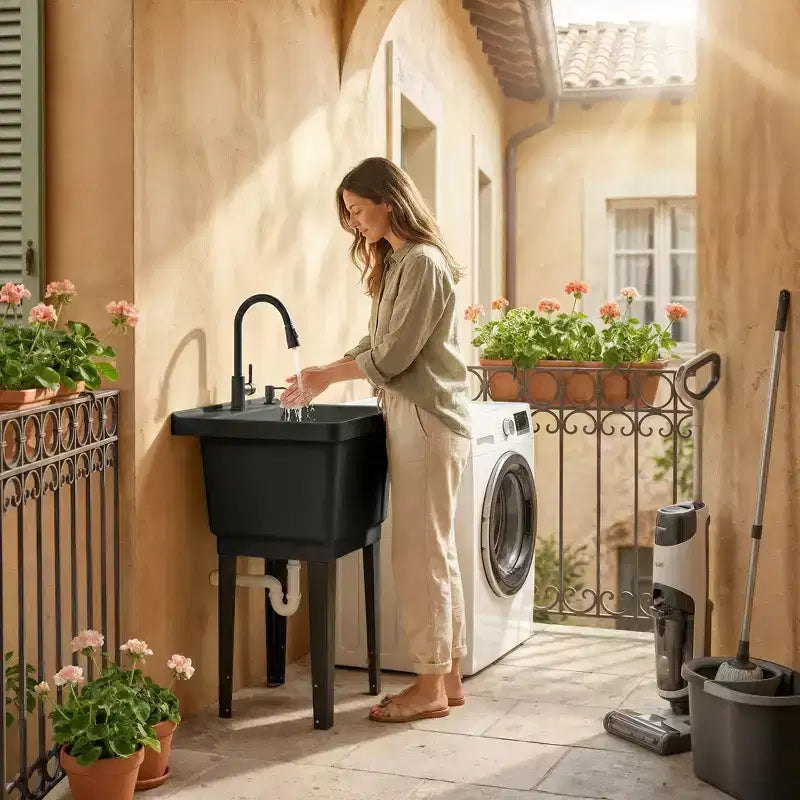 Évier utilitaire portable pour buanderie, bac à laver autoportant avec robinet, distributeur de savon et tuyaux