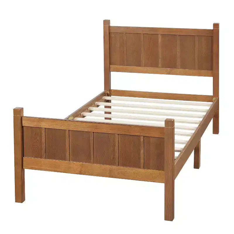 Lit double/grand/Queen avec tête et pied de lit, plateforme de lit de style ferme, support à lattes en bois, noyer