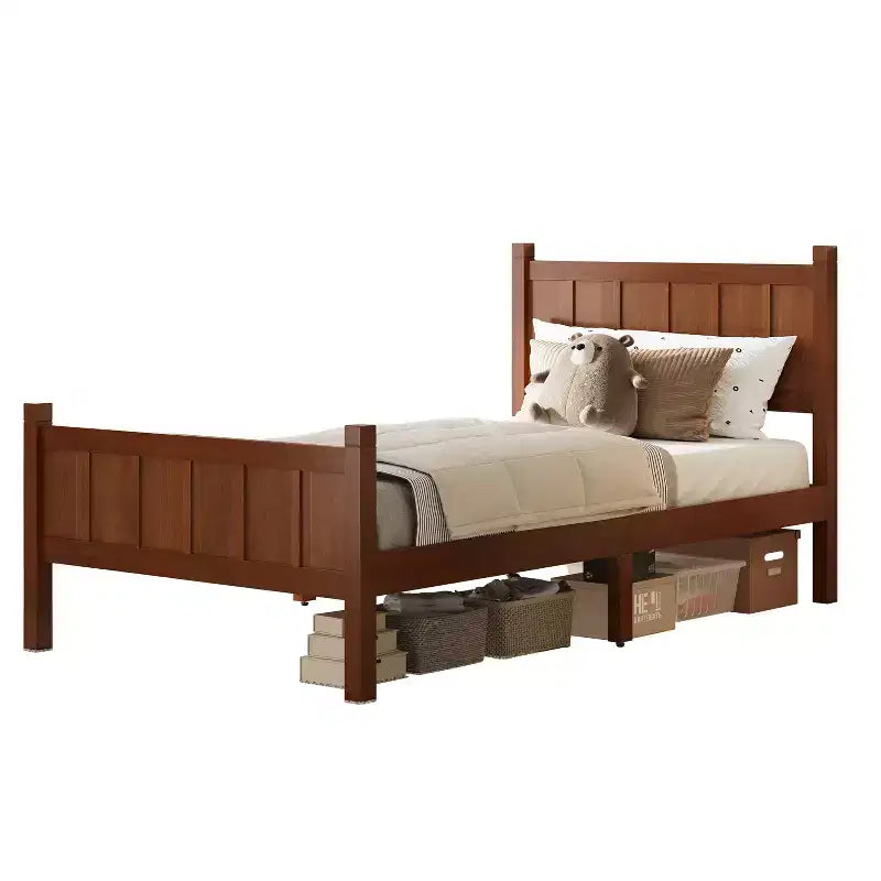 Lit double/grand/Queen avec tête et pied de lit, plateforme de lit de style ferme, support à lattes en bois, noyer