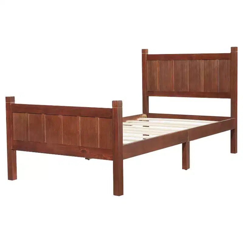 Lit double/grand/Queen avec tête et pied de lit, plateforme de lit de style ferme, support à lattes en bois, noyer