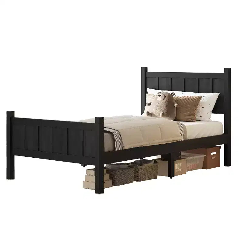 Lit double/grand/Queen avec tête et pied de lit, plateforme de lit de style ferme, support à lattes en bois, noyer