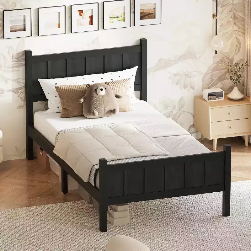 Twin/Full/Queen Size Bed Frame with Headboard & Footboard, Farmhouse Platform Bed, Wood Slats Support, Walnut - ModernLuxe