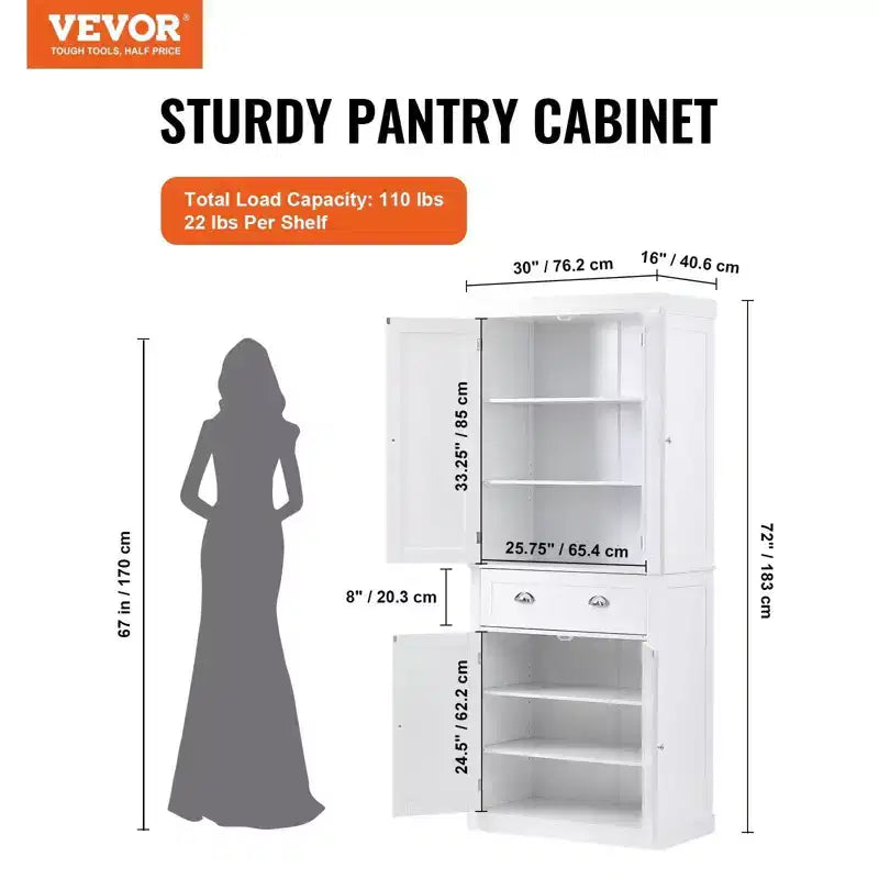 Meuble de rangement pour garde-manger de cuisine de 72 po, armoire utilitaire autoportante avec portes, tiroir et 3 étagères réglables, blanc pour usage domestique