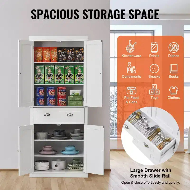 Meuble de rangement pour garde-manger de cuisine de 72 po, armoire utilitaire autoportante avec portes, tiroir et 3 étagères réglables, blanc pour usage domestique