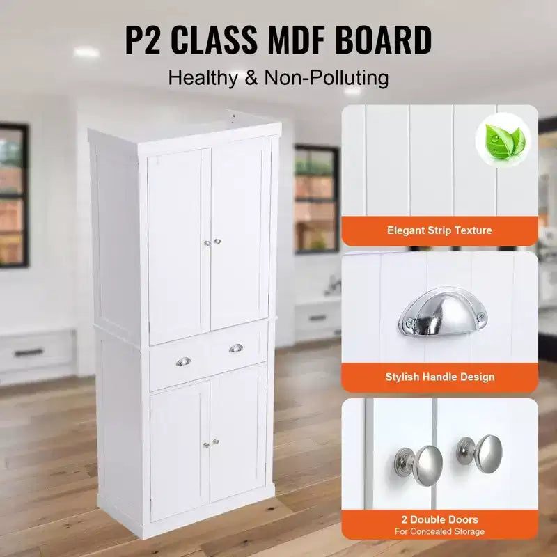Meuble de rangement pour garde-manger de cuisine de 72 po, armoire utilitaire autoportante avec portes, tiroir et 3 étagères réglables, blanc pour usage domestique