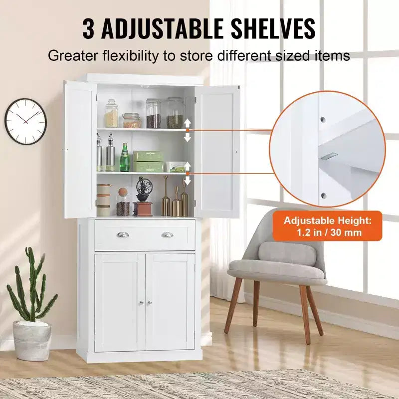 Meuble de rangement pour garde-manger de cuisine de 72 po, armoire utilitaire autoportante avec portes, tiroir et 3 étagères réglables, blanc pour usage domestique
