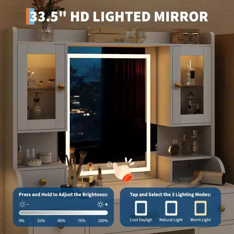 Coiffeuse avec miroir et lumières, coiffeuse de maquillage avec 6 tiroirs luminosité pour femmes filles