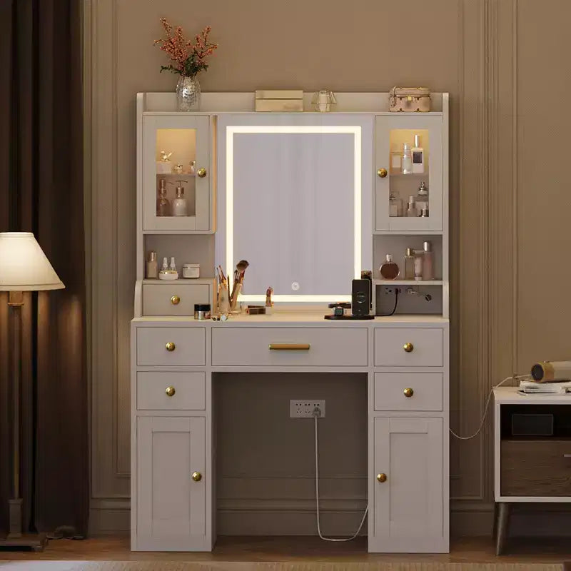 Coiffeuse avec miroir et lumières, coiffeuse de maquillage avec 6 tiroirs luminosité pour femmes filles