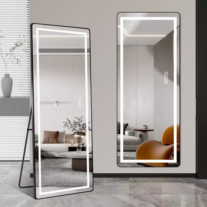 Miroir LED vertical pleine longueur avec support, autoportant ou mural, miroir de courtoisie moderne pour chambre et dressing.