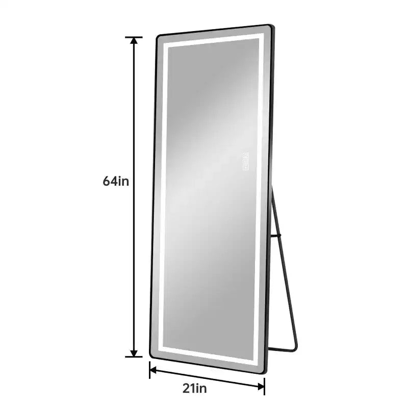 Miroir LED vertical pleine longueur avec support, autoportant ou mural, miroir de courtoisie moderne pour chambre et dressing.