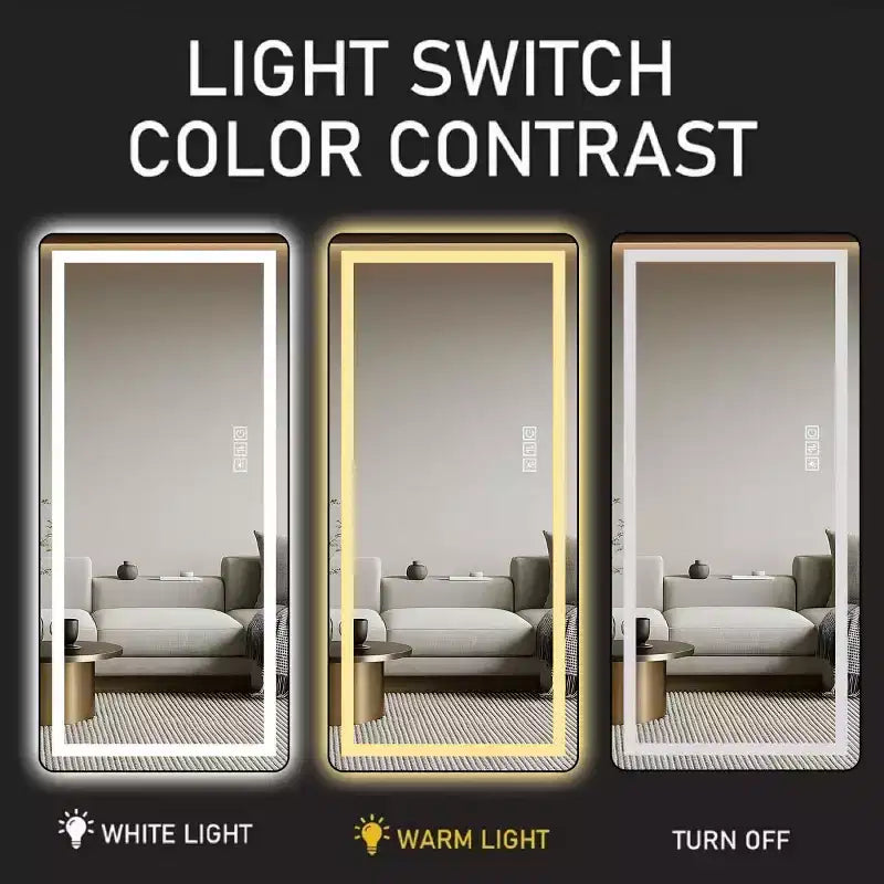 Miroir LED vertical pleine longueur avec support, autoportant ou mural, miroir de courtoisie moderne pour chambre et dressing.