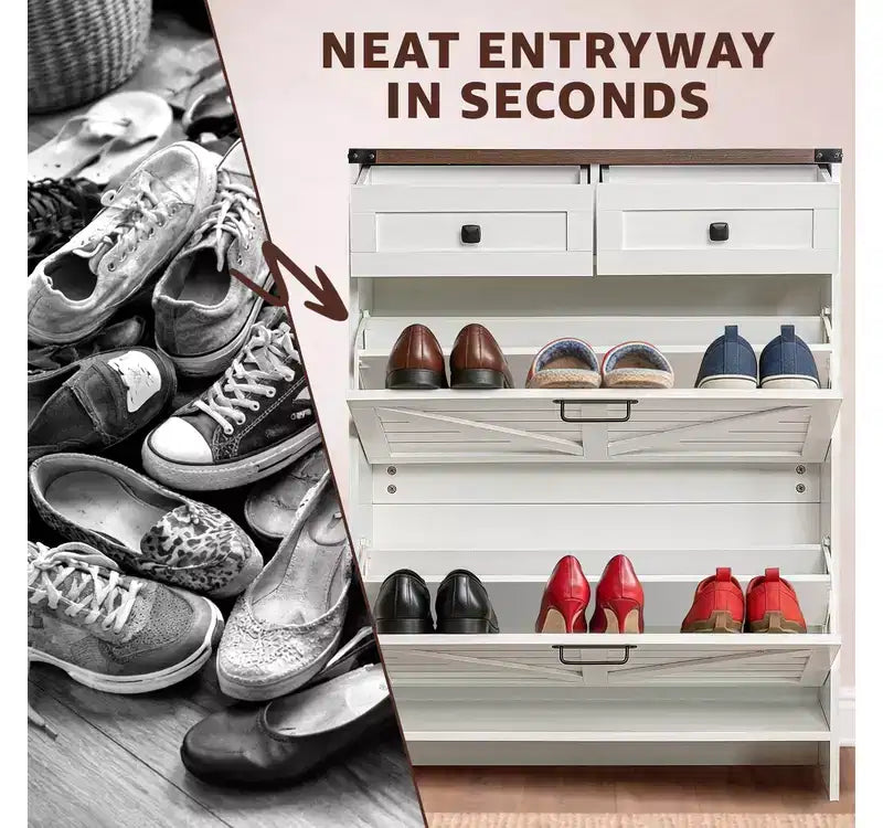 Meuble à chaussures étroit de style ferme avec tiroirs à abattant - Meuble de rangement pour chaussures d'entrée avec 2 tiroirs utilitaires