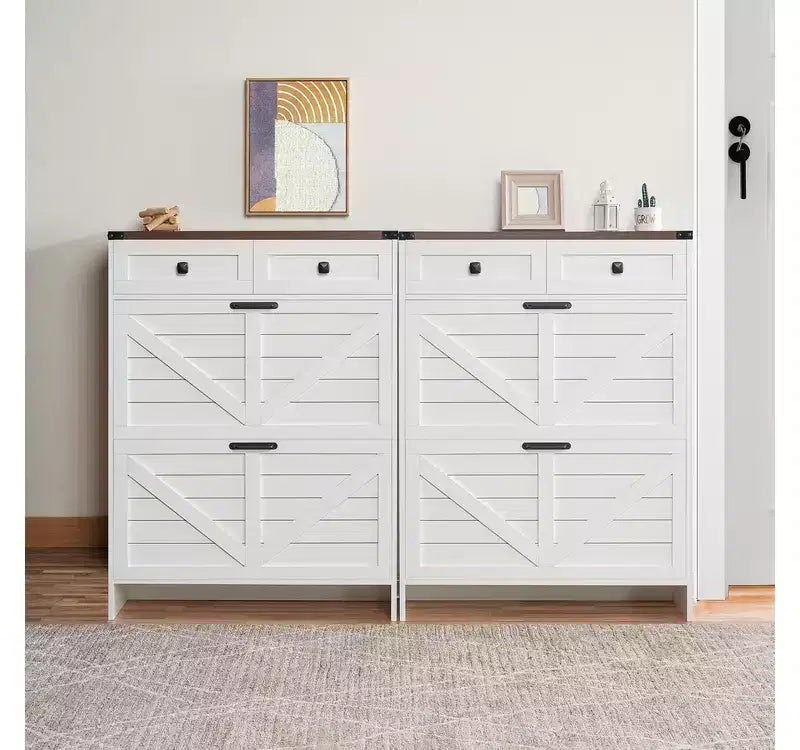 Meuble à chaussures étroit de style ferme avec tiroirs à abattant - Meuble de rangement pour chaussures d'entrée avec 2 tiroirs utilitaires
