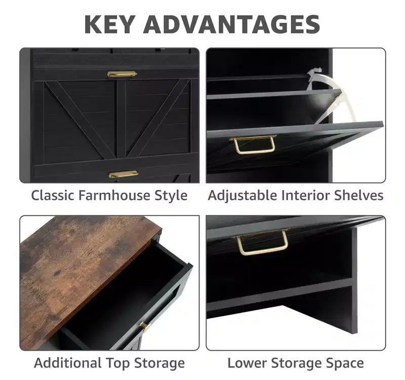 Meuble à chaussures étroit de style ferme avec tiroirs à abattant - Meuble de rangement pour chaussures d'entrée avec 2 tiroirs utilitaires